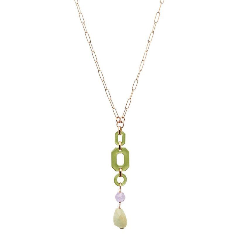 Collana lunga BRAVE HEART in Argento 925 placcato Oro Rosa con Pietre Naturali lunghezza cm 68