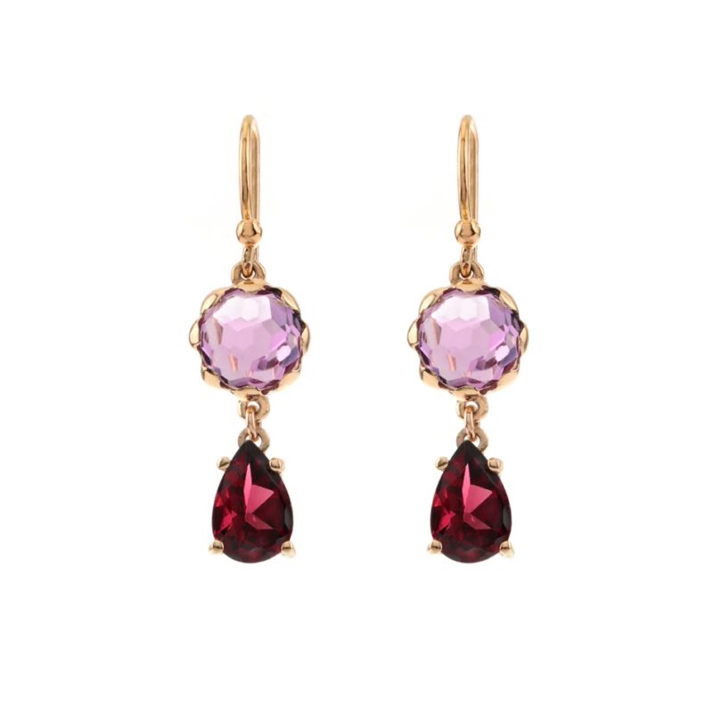 Orecchini GOCCIA e CASTONE in Oro Rosa 9 Kt  (ami in Oro Rosa 18 Kt) con AMETISTA LIGHT e RODOLITE