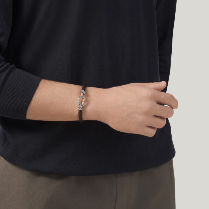 Bracciale CROCO in Argento 925 e CUOIO NERO diametro mm 65